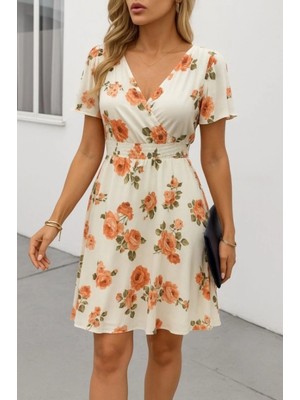 Marsilyan- Kadın Kısa Kollu Kruvaze Yakalı Desenli Süprem Kısa Elbise