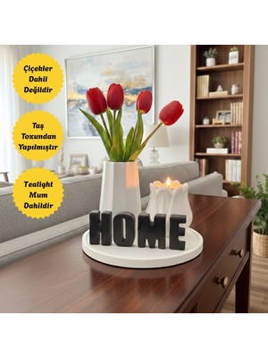 Nigi Store Home Yazılı Vazolu Mumlu Dekoratif Set - Tepsi, Vazo, Lale Mumluk ve Harfler (Çiçek Dahil Değildir)