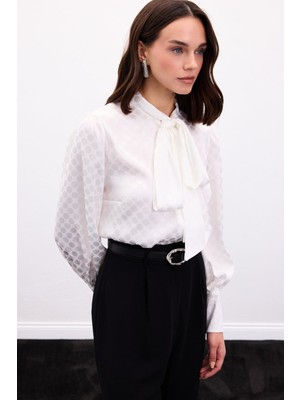 Sateen Puantiye Desenli Gömlek - Ekru