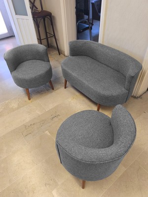 Azra Mobilya Sydney Çay Seti Koltuk Takımı Keten Kumaş 2+1+1 | Ceviz Ayak | Modern Salon & Ofis Takımı | Açık Gri