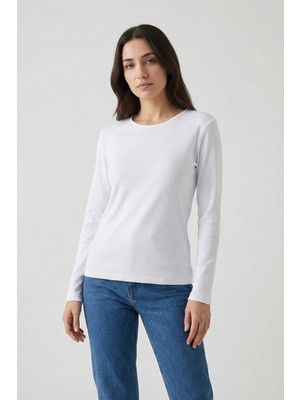 Defy's Fokus Kadın Nefes Alan %100 Pamuk Doğal Kumaş Rahat kalıp Bisiklet Yaka Uzun Kollu Beyaz Basic Tişört