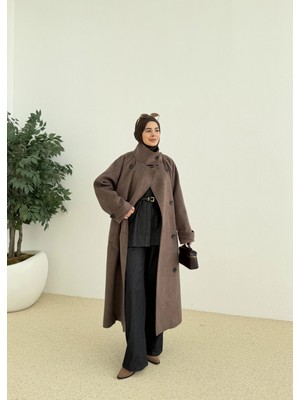 Moda Aksa Ithal Kumaş Kapaklı Yakalı Kaban Kahve