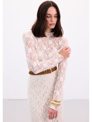 Sateen Transparan Dantel Bluz - Bej