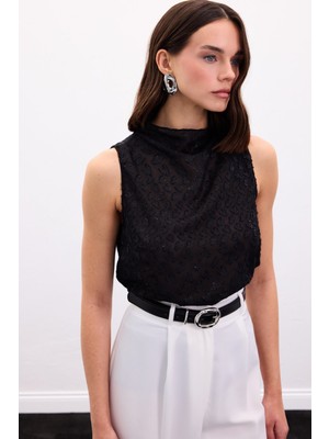 Sateen Kolsuz Dokulu Bluz - Siyah