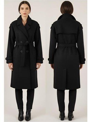 Moda Geniş Beden Omuz ve Kol Apoletli Kaşe Kaban