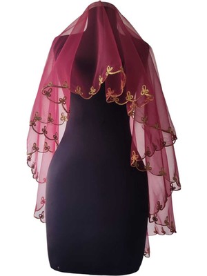 Moda Nur Duvak, Gelin Duvak, Gelin Kına Duvak, Yüz Örtüsü ,bordo Duvak.1,50 cm