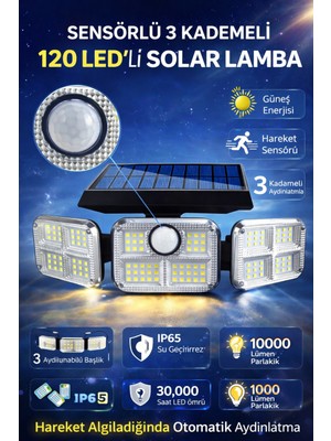 Ecuy Sensörlü 120 LED Solar Lamba Beyaz Işık IP65 Geniş Açılı 3 Modlu Dış Mekan Aydınlatma Kolay Kurulum