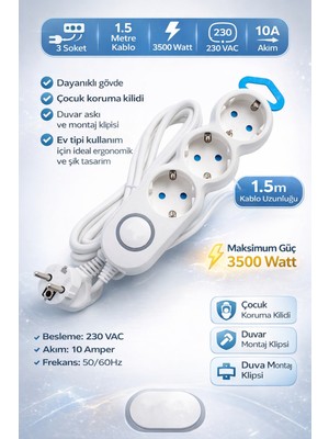 Ecuy Anahtarlı Üçlü Çoklu Priz 1.5 Metre Kablolu 3500W Çocuk Korumalı Askı Aprat & Duvar Montajlı