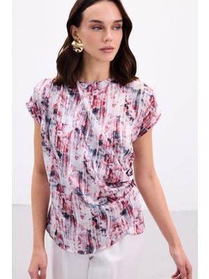 Sateen Pileli Kolsuz Bluz - Bordo