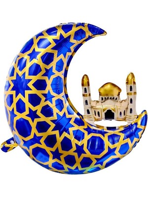Patladı Gitti Hilal Cami Folyo Balon 55 cm Hoşgeldin Ramazan Bayramı Temalı Islami Motifli Mavi Gold Renk Süs