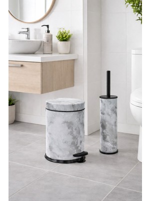 Sas Haus Beyaz Mermer Desenli 2'li Banyo Seti - Metal Çöp Kovası 3 Lt ve Wc Fırçası Takımı