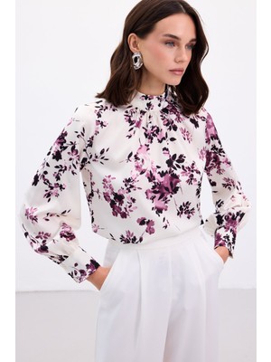 Sateen Dik Yaka Bluz - Mürdüm
