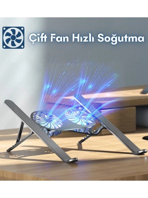 Edewatt Alüminyum Katlanır Fanlı Laptop Tutucu Yükseltici Stand  6 Kademeli  Macbook Uyumlu Notebook Standı Sessiz Sıcak Havayı Çeker