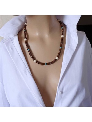 Sinem Şanlı Doğal Denge Kemik Kaplan Gözü Mavi Havlit ve Tahta Boncuk Detaylı Unisex Kolye