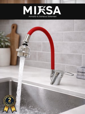 Mixsa Kırmızı Kubar Oynar Borulu Fonksiyonlu Mutfak Eviye Bataryası, Musluğu, Çeşmesi Çift Su Girişli