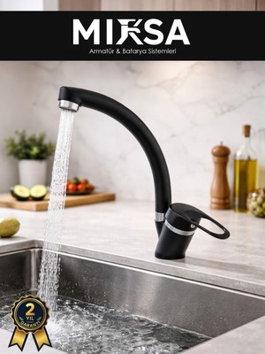 Mixsa Siyah-Krom Mix Kuğu Mutfak Eviye Bataryası, Musluğu, Çeşmesi Çift Su Girişli