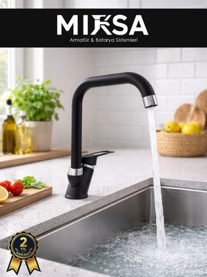 Mixsa Siyah-Krom Köşe Borulu Mutfak Eviye Bataryası, Musluğu, Çeşmesi Çift Su Girişli