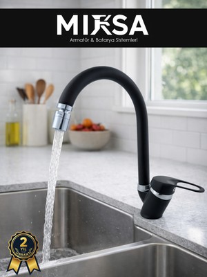 Mixsa Siyah-Krom Baston Borulu Oynar Başlıklı Perlatörlü Mutfak Eviye Bataryası, Çiftsugirişli