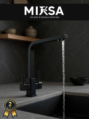 Mixsa Lüx Kare Arıtmalı Siyah Eviye Mutfak Bataryası (Sıcak-Soğuk Girişli, Pirinç Malzeme, Paslanmaz)
