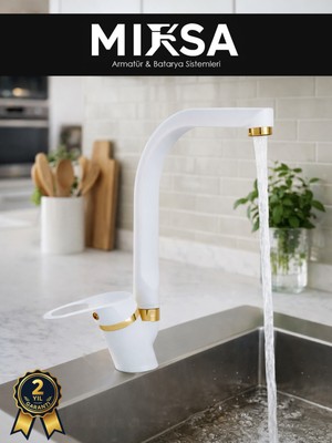 Mixsa Lüx Beyaz-Gold Balıksırtı Borulu Mutfak Eviye Bataryası, Musluğu, Çeşmesi Çift Su Girişli