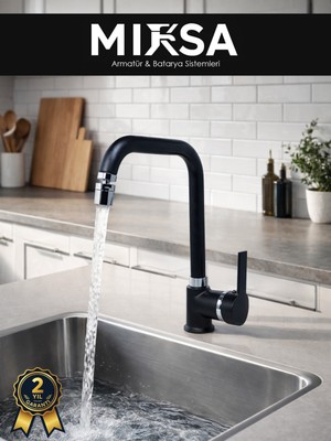 Mixsa Siyah-Krom Armut Köşe Borulu Oynar Başlıklı Perlatörlü Mutfak Eviye Bataryası, Çiftsugirişli