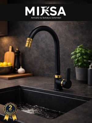 Mixsa Lüx Siyah-Gold Armut Baston Oynar Başlıklı Perlatörlü Mutfak Eviye Bataryası, Çiftsugirişli