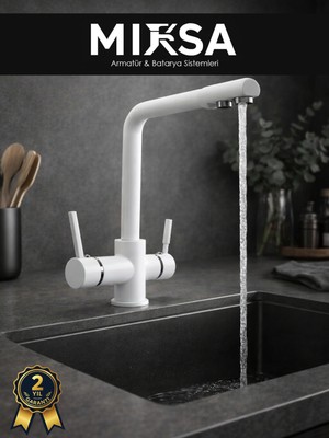 Mixsa Lüx Arıtmalı Beyaz 3 Yollu Mutfak Eviye Bataryası Musluğu (Sıcak-Soğuk Girişli, Pirinç Malzeme)