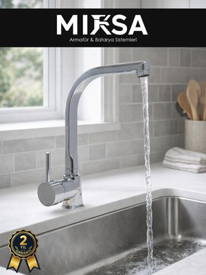 Mixsa Armut Balıksırtı Borulu Mutfak Eviye Bataryası Çeşmesi Musluğu Çift Su Girişli