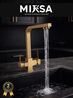 Mixsa Lüx Kare Arıtmalı Gold Eviye Mutfak Bataryası (Sıcak-Soğuk Girişli, Pirinç Malzeme, Paslanmaz)
