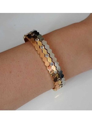 Sinem Şanlı Taşlı Üç Renk 316L Çelik Kelepçe Bileklik