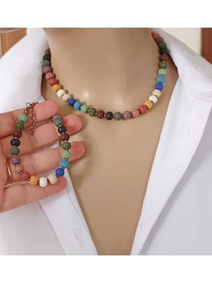 Sinem Şanlı Bakır Renkli Silindir Doğal Lav Taşı Unisex Kolye & Bileklik Seti