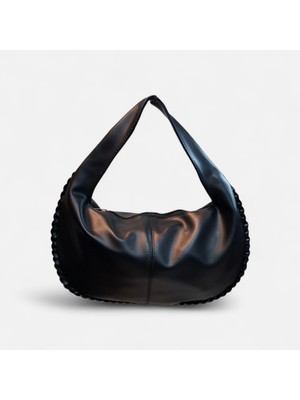 Turqa Siyah Oval Yumuşak Suni Deri Örgü Kenarlı El ve Omuz Çantası