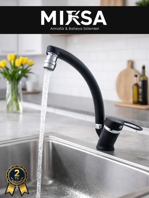 Mixsa Siyah-Krom Mix Kuğu Oynar Başlıklı Perlatörlü Mutfak Eviye Bataryası, Çiftsugirişli
