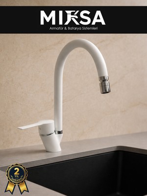 Mixsa Beyaz-Krom Baston Borulu Oynar Başlıklı Perlatörlü Mutfak Eviye Bataryası, Çiftsugirişli