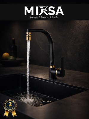 Mixsa Lüx Siyah-Gold Armut Balıksırtı Oynar Başlıklı Perlatörlü Mutfak Eviye Bataryası, Çiftsugirişli