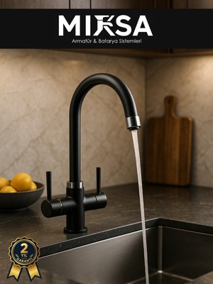 Mixsa Siyah Baston Borulu 3 Girişli Arıtmalı Mutfak Eviye Bataryası Musluğu