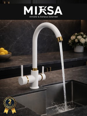 Mixsa Beyaz-Gold Baston Borulu 3 Girişli Arıtmalı Mutfak Eviye Bataryası Musluğu