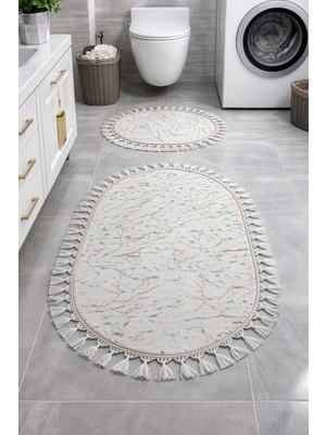 Monnhein Simli Bambu 2’li Banyo Paspas Seti, Ponponlu, Kaymaz Deri Taban 50X60-60X100