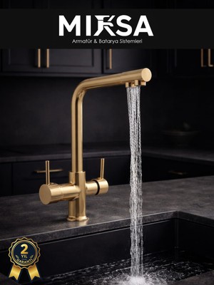 Mixsa Lüx Arıtmalı Gold 3 Yollu Mutfak Eviye Bataryası Musluğu (Sıcak-Soğuk Girişli, Pirinç Malzeme)