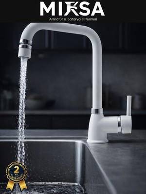 Mixsa Beyaz-Krom Armut Köşe Borulu Oynar Başlıklı Perlatörlü Mutfak Eviye Bataryası, Çiftsugirişli