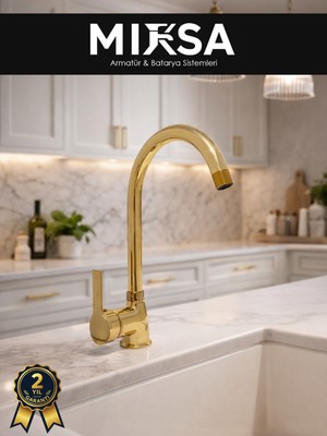 Mixsa Lüx Full Gold Armut Baston Borulu Mutfak Eviye Bataryası Çeşmesi Musluğu Çift Su Girişli