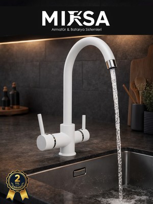 Mixsa Beyaz Baston Borulu 3 Girişli Arıtmalı Mutfak Eviye Bataryası Musluğu
