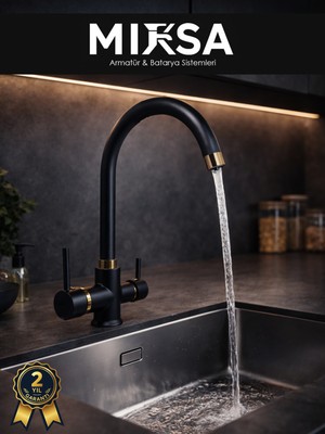 Mixsa Siyah-Gold Baston Borulu 3 Girişli Arıtmalı Mutfak Eviye Bataryası Musluğu