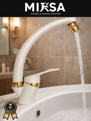 Mixsa Lüx Beyaz-Gold Kuğu Borulu Oynar Başlıklı Perlatörlü Mutfak Eviye Bataryası, Çiftsugirişli