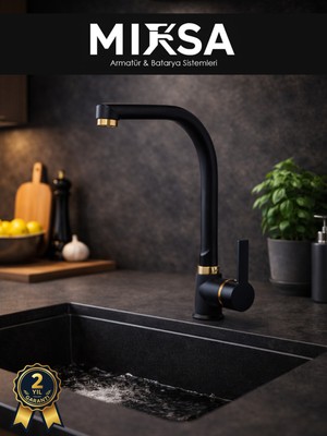 Mixsa Lüx Siyah-Gold Armut Balıksırtı Mutfak Eviye Bataryası, Musluğu, Çeşmesi Çift Su Girişli