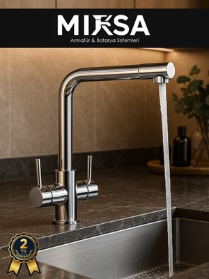 Mixsa Lüx Arıtmalı Krom 3 Yollu Mutfak Eviye Bataryası Musluğu (Sıcak-Soğuk Girişli, Pirinç Malzeme)
