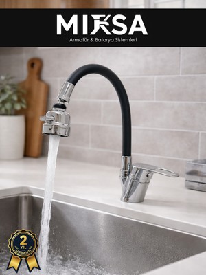 Mixsa Siyah Kubar Oynar Borulu Fonksiyonlu Mutfak Eviye Bataryası, Musluğu, Çeşmesi Çift Su Girişli