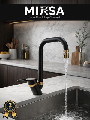 Mixsa Lüx Siyah-Gold Köşe Borulu Oynar Başlıklı Perlatörlü Mutfak Eviye Bataryası, Çiftsugirişli