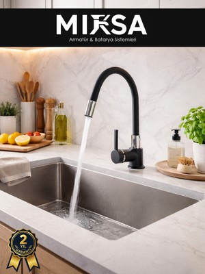 Mixsa Siyah Kubar Oynar Borulu Mutfak Eviye Bataryası, Musluğu, Çeşmesi Çift Su Girişli