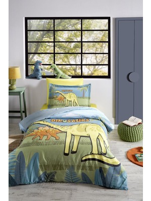 Özdilek Ranforce -Dino Zoo Petrol- Lastikli Çarşaflı Tek Kişilik Çocuk Nevresim Takımı